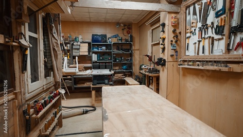 Konstfotografi Woodworking workshop showing a variety of hand tools, power tools, and raw mater