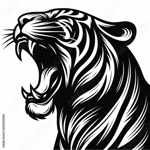 Foto A black and white vector illustration of a tiger's head with its mouth open, showcasing sharp teeth, against a clean white background, conveying a fierce and powerful mood