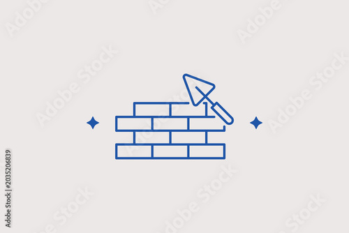 Canvastavla Brick wall with trowel tool line icon for masonry bricklaying construction works
