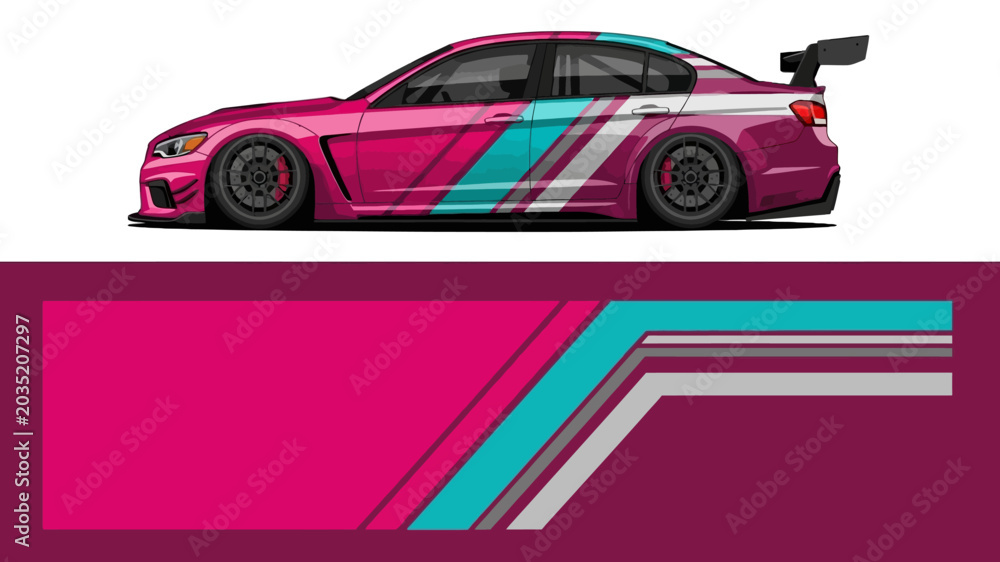 Fototapeta premium Vibrant pink and teal racecar with bold livery and dynamic stripes on a track.