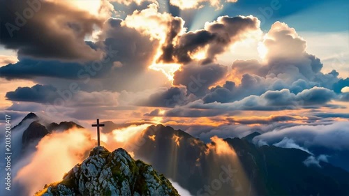 A breathtaking sunrise over mountains with a cross, symbolizing hope and spirituality in nature's grandeur.