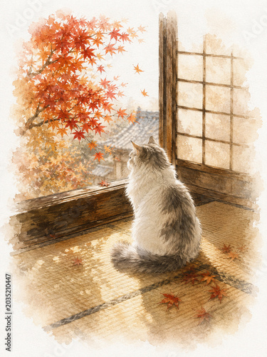 Watercolor Illustration of a Fluffy Cat Looking at Autumn Maple Leaves from a Traditional Japanese Room