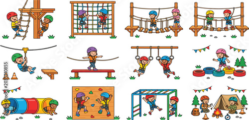 Canvas Print Children playing in outdoor adventure park obstacle course climbing wall and cam