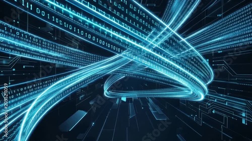 Futuristic digital landscape with flowing binary codes and data streams representing technology and connectivity.