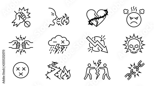 Quadro su tela Set of black and white line icons representing various emotional concepts