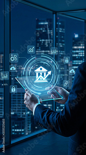 Professional businessman holding a glass tablet displaying glowing digital financial banking icons in a night office