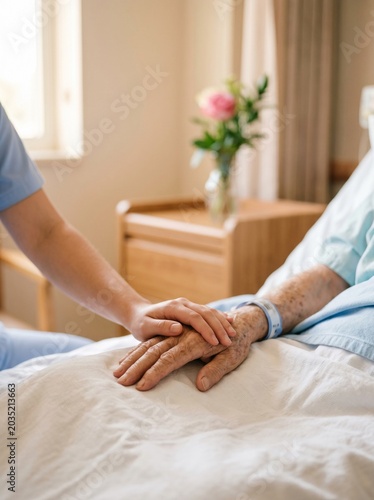 Nurse holding hand of senior patient in hospital bed