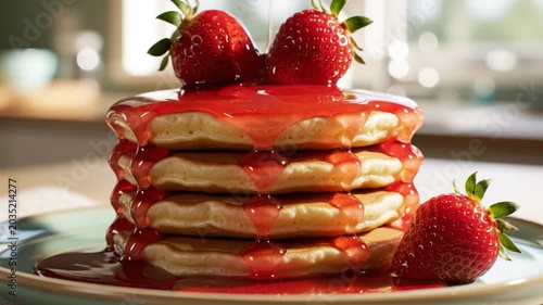 Stack of fluffy pancakes with strawberries and syrup.