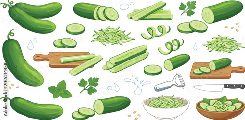 Fresh green cucumber slices sticks and salad bowl cooking elements vector illustration set