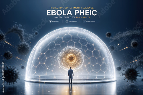 Ebola PHEIC biosecurity dome containing single glowing human cell with hexagonal energy shield scientist silhouette protection containment public health emergency