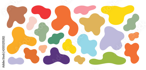 Collection of Abstract colorful irregular organic blob shapes scattered on a clean white background.