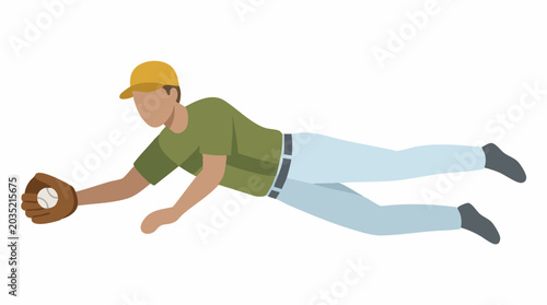 Fotografie Baseball player diving to catch a ball, flat cartoon vector illustration