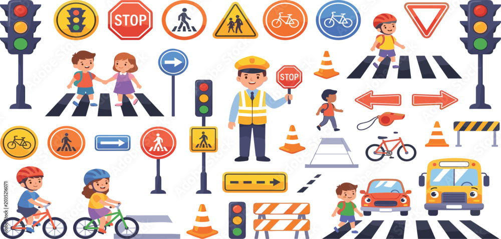 Fototapeta premium Road safety traffic rules for kids vector bundle with crosswalk police officer and school bus