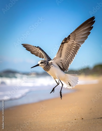 A bird takes flight over a sandy beach