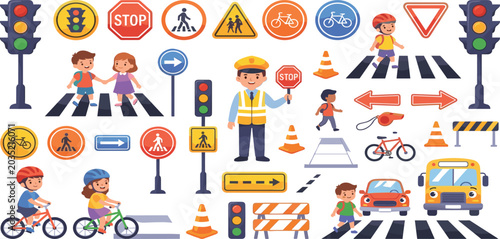 Tableau sur toile Road safety traffic rules for kids vector bundle with crosswalk police officer a