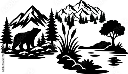 Tableau sur toile Majestic wilderness vector landscape silhouette featuring a grizzly bear, dense pine forest, sharp mountains, and a peaceful lake