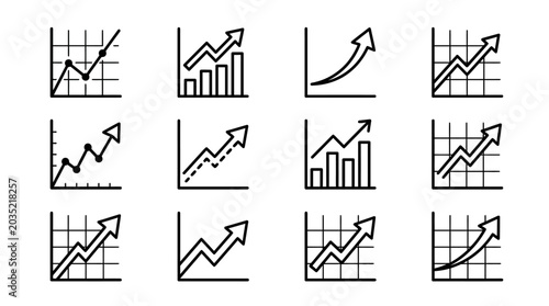 Set of financial charts and graphs indicating business growth and success