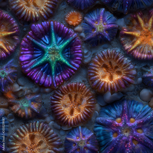 Seamless tide pool marine pattern with glowing anemones