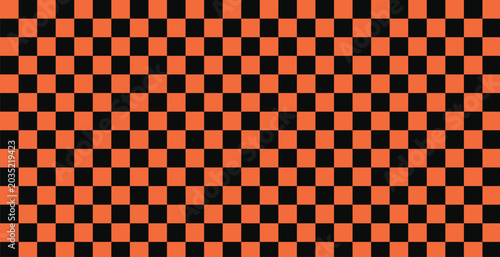 Orange and black checkered pattern background, seamless checkerboard vector texture, classic racing flag grid for Halloween and sports design