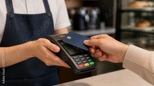 Close up of customer tapping credit card on payment terminal.