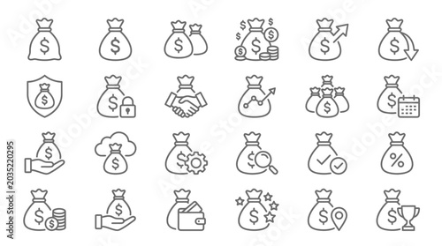 Set of money bag icons financial concepts and symbolism