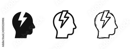 Schilderij op canvas Human Head with Lightning Icon Set - Headache Stress and Brainstorming Symbol