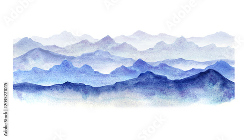 Watercolor blue mountain ridge. Isolated misty mountains landscape element. For travel banners, seamless backgrounds, web design, cards, and posters.