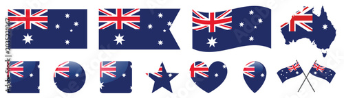 Fotografia Australia flag icons set with map silhouette and diverse shapes for national branding
