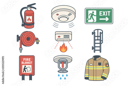 Fire Safety Equipment Icons.
