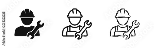 Photos Construction Worker and Repairman Icons with Hard Hat and Wrench - Solid, Outlin