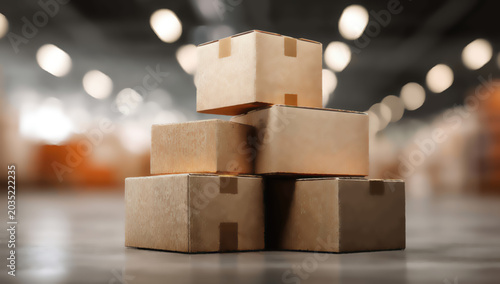 Stack of cardboard boxes in a dimly lit, blurry warehouse