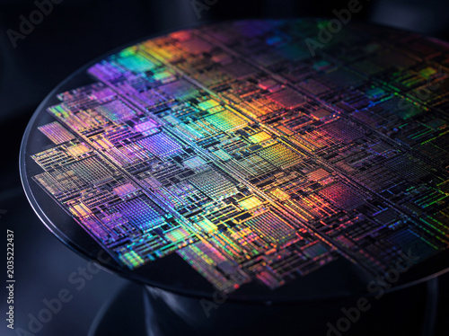 A circular silicon wafer substrate reflecting brilliant rainbow colors from microchip circuits.