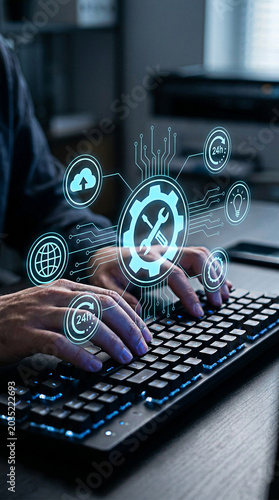 Professional technician typing on a mechanical keyboard while interacting with glowing digital technical support interface icons