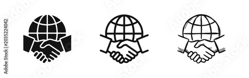 Valokuva Global partnership icon with handshake and globe, international business cooperation concept