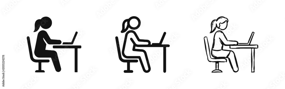 Fototapeta premium Remote Working Woman at Computer Desk Icon Set