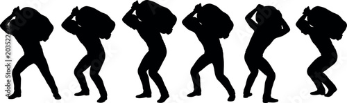 Bild auf Leinwand Silhouette Collection of Workers Carrying Heavy Sacks on Shoulders Isolated on G