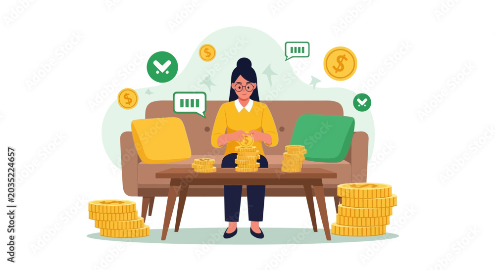 Fototapeta premium Woman counting stacks of coins at table, financial planning, savings, wealth concept