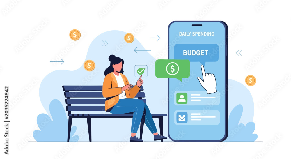 Fototapeta premium Woman Managing Daily Spending Budget on Smartphone App, Financial Planning Concept
