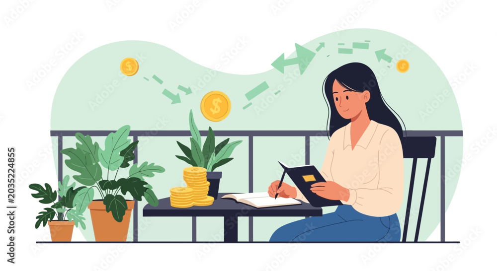 Fototapeta premium Woman managing finances at home, planning budget with coins and notebook