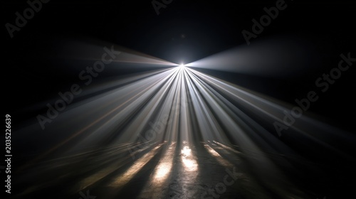 Powerful bright light beam cuts through darkness, creating dramatic rays of light that illuminate the floor below. ..Created with Generative AI, not depicting real subjects.