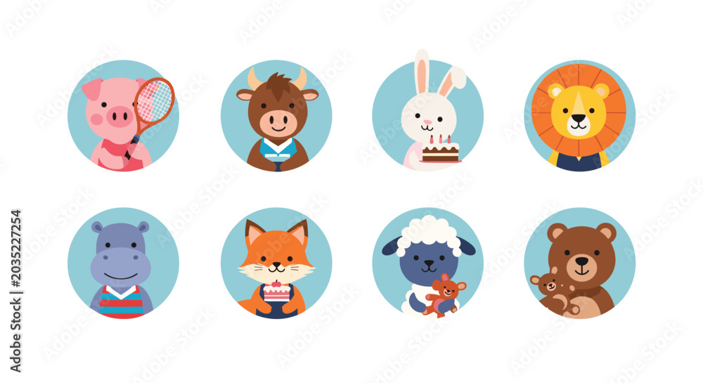Obraz premium Set of eight circular icons featuring cute cartoon baby animals holding various items like toys and snacks.