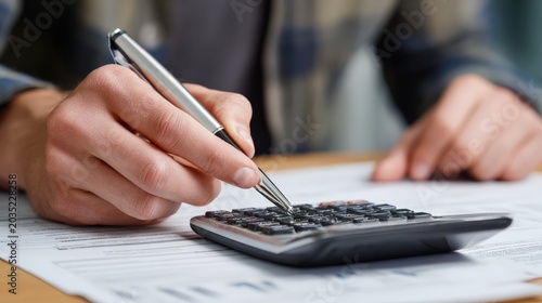 Close-up of hands using a calculator for accounting or calculation. The image evokes a sense of financial management and precision. ..Created with Generative AI, not depicting real subjects.