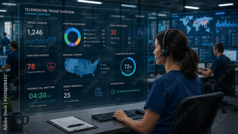 Healthcare Professional Monitoring Telemedicine Triage Overview and Pandemic Response Data on a Holographic Screen in a Modern Control Room