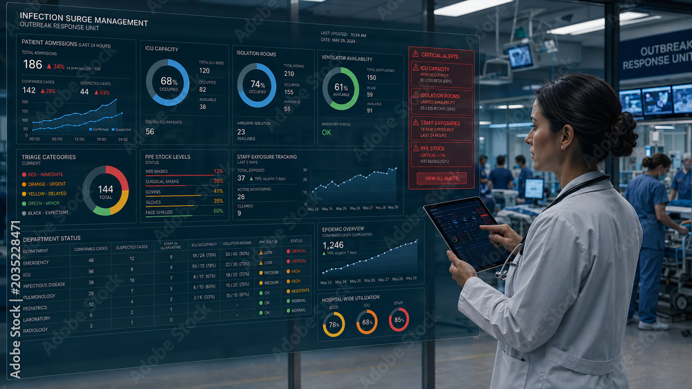 Female doctor using digital tablet to monitor infection surge management dashboard in hospital