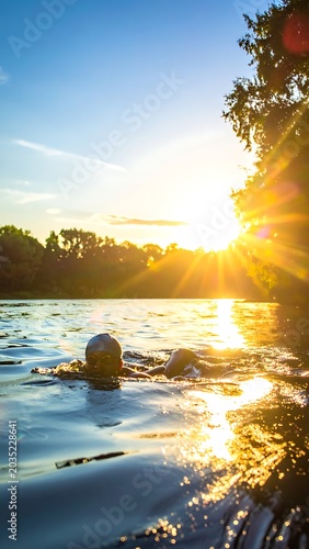 A serene scene of a person partially submerged in a body of water at sunset