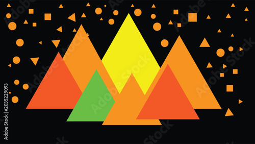 Vibrant geometric mountain landscape with abstract shapes and dots