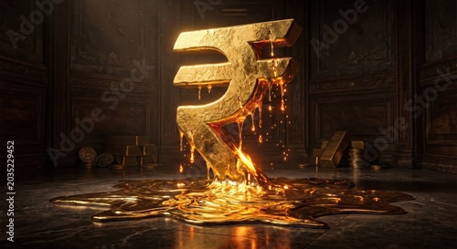 Rupee symbol melting into flowing liquid gold, representing inflation driven wealth expansion, luxury financial systems, and rising global capital value