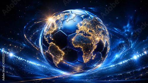 Global soccer ball world map in futuristic stadium