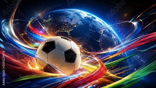 Soccer ball with earth and colorful global motion trails