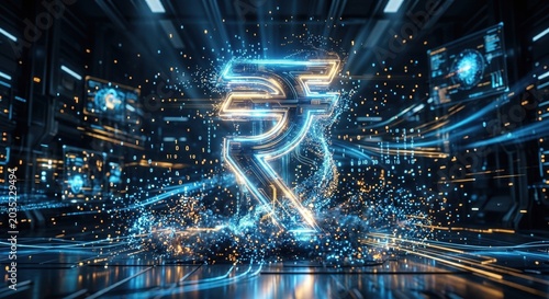 Rupee symbol rising through digital particle streams, representing fintech revolution, cashless economy expansion, and data-driven financial transformation